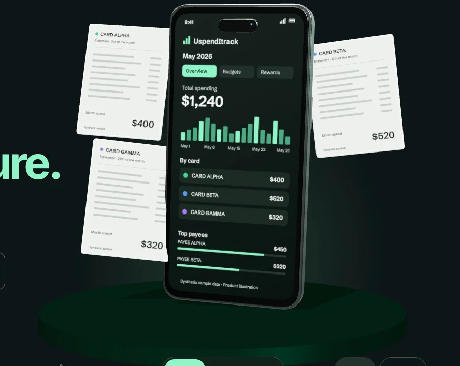Product illustration: three synthetic statements combine into a $1,240 spending dashboard on a phone.